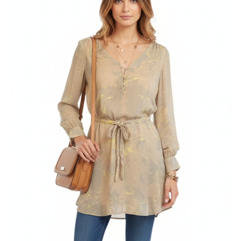 ALC 100% silk tan shirt Mini dress with belt size small